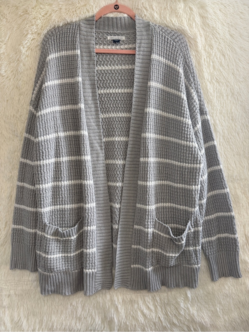 American Eagle Womens Oversized Striped Knit Cardigan Sweater XL Grey Granola